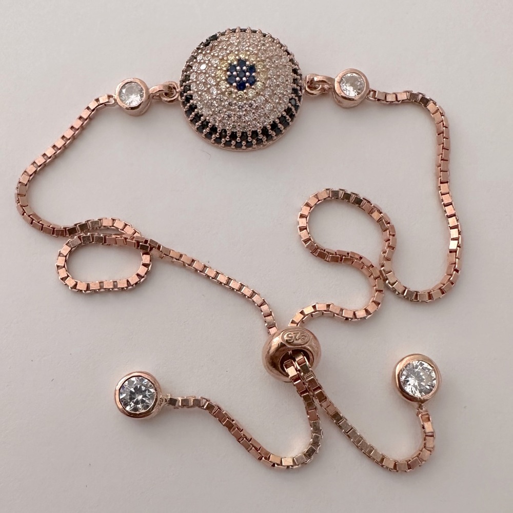 🧿925 Silver evileye bracelet zirconia cz stones slider tennis adjustable size
